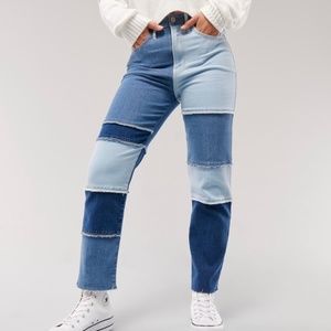 Vintage Stretch Ultra High Rise Medium Wash Patchwork Vintage Straight Jean